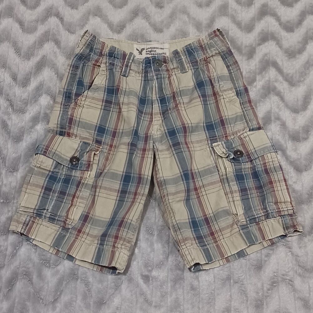 American Eagle Mens Size 26 Tan Plaid Classic Length Cotton Cargo Shorts